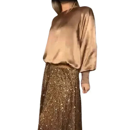 💖Limited Time Holiday Sale 49% off💖Women's Long Sleeve Top & Sequin Maxi Skirt Two-Piece Set