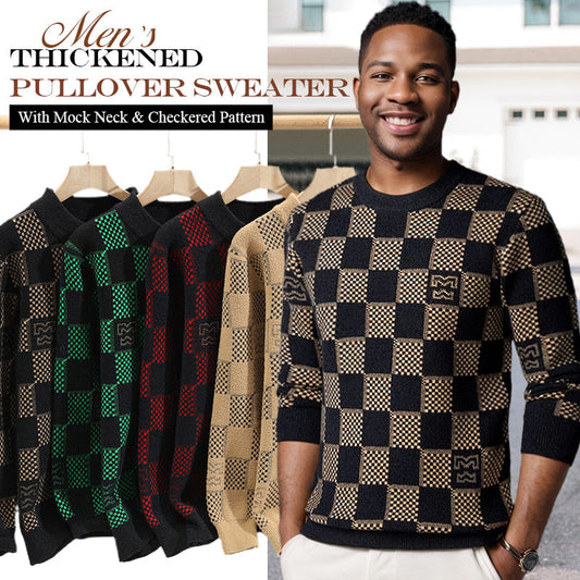 Men‘s Checkered Printed Mock Neck Thickened Pullover Sweater