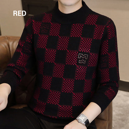 Men‘s Checkered Printed Mock Neck Thickened Pullover Sweater