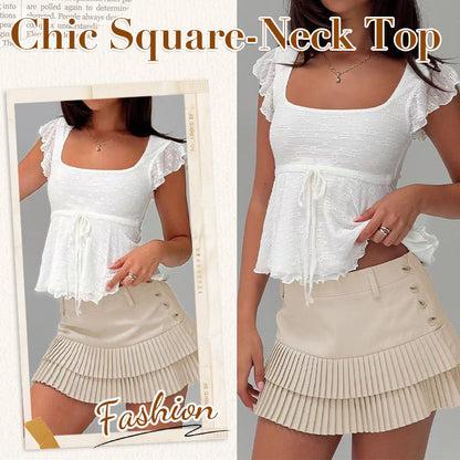 Chic White Square-Neck Top with Adjustable Waist