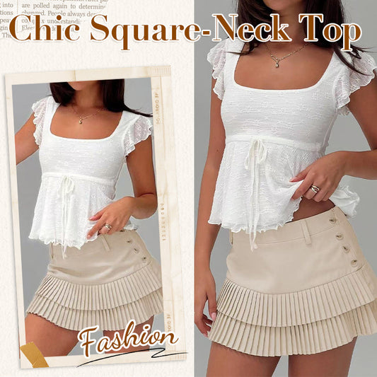 Chic White Square-Neck Top with Adjustable Waist